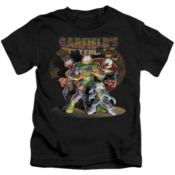 Black kid's t-shirt for ages 4 to 7 with Garfield Spotlight graphic