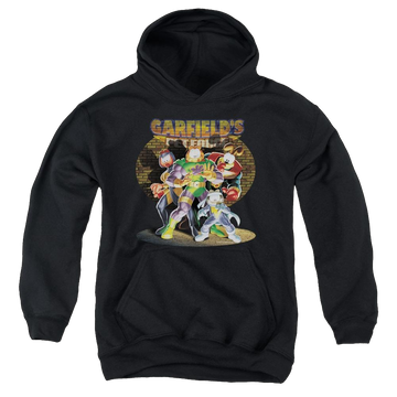 Black youth hoodie for ages 8 to 12 with Garfield Spotlight graphic