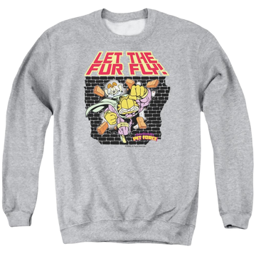 Athletic heather men's crewneck sweatshirt with Garfield Let The Fur Fly graphic