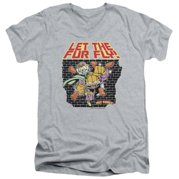Athletic heather men's v-neck t-shirt with Garfield Let The Fur Fly graphic