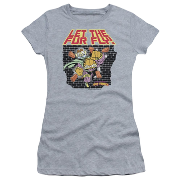 Athletic heather juniors t-shirt with Garfield Let The Fur Fly graphic