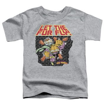 Athletic heather kid's t-shirt for ages 4 to 7 with Garfield Let The Fur Fly graphic