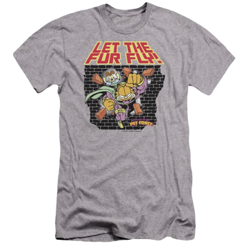 Athletic heather men's premium slim fit t-shirt with Garfield Let The Fur Fly graphic