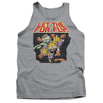 Athletic heather men's tank with Garfield Let The Fur Fly graphic