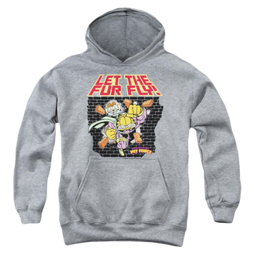 Athletic heather youth hoodie for ages 8 to 12 with Garfield Let The Fur Fly graphic