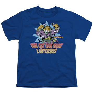 Royal youth t-shirt for ages 8 to 12 with Garfield Make A Difference graphic