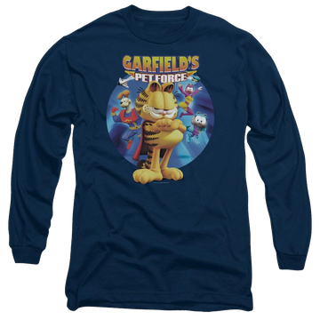 Navy men's long sleeve t-shirt with Garfield Dvd Art graphic