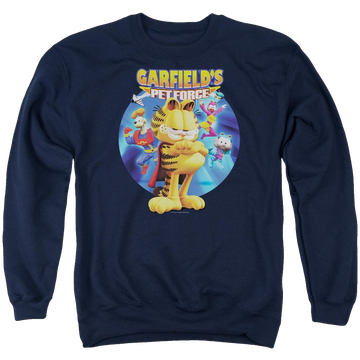 Navy men's crewneck sweatshirt with Garfield Dvd Art graphic