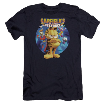 Navy men's premium slim fit t-shirt with Garfield Dvd Art graphic