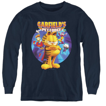 Navy youth long sleeve t-shirt with Garfield Dvd Art graphic