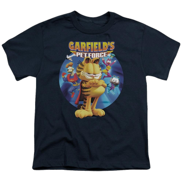 Navy youth t-shirt for ages 8 to 12 with Garfield Dvd Art graphic
