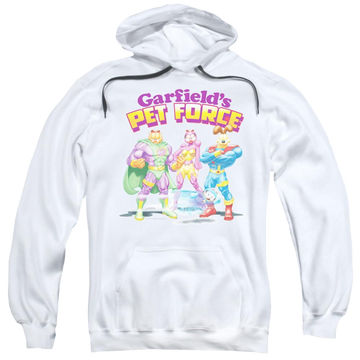 White pullover hoodie with Garfield Heroes Await graphic