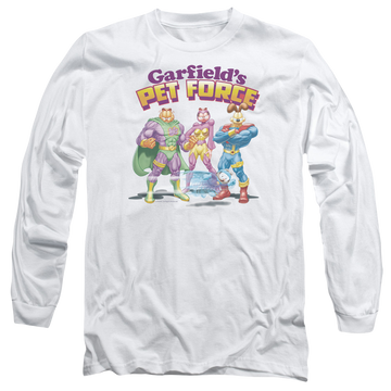 White men's long sleeve t-shirt with Garfield Heroes Await graphic