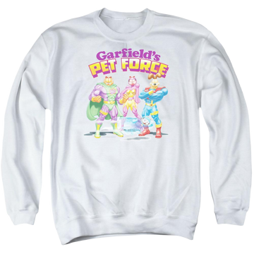White men's crewneck sweatshirt with Garfield Heroes Await graphic