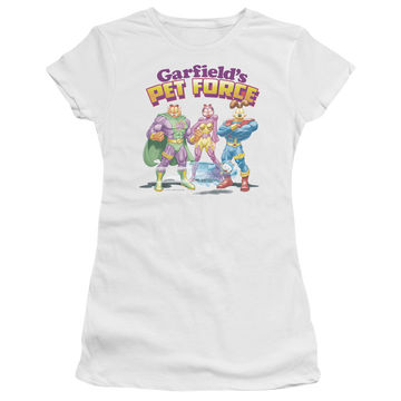 White juniors t-shirt with Garfield Heroes Await graphic