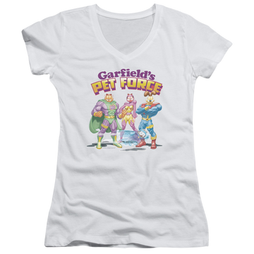 White juniors v-neck t-shirt with Garfield Heroes Await graphic