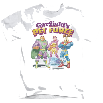 White kid's t-shirt for ages 4 to 7 with Garfield Heroes Await graphic