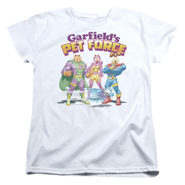 White women's t-shirt with Garfield Heroes Await graphic