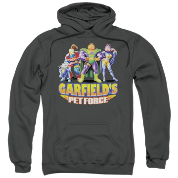 Charcoal pullover hoodie with Garfield Beyond graphic