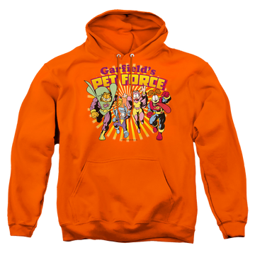 Orange pullover hoodie with Garfield Pet Force Burst graphic