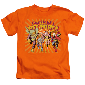 Orange kid's t-shirt for ages 4 to 7 with Garfield Pet Force Burst graphic