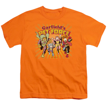 Orange youth t-shirt for ages 8 to 12 with Garfield Pet Force Burst graphic