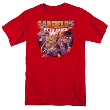 Red men's regular fit t-shirt with Garfield Pet Force Four graphic