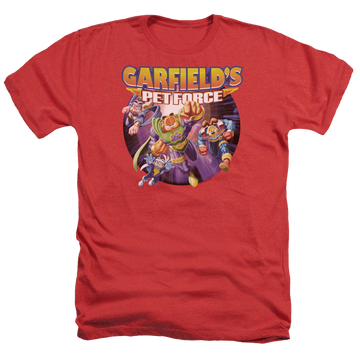 Red men's heather t-shirt with Garfield Pet Force Four graphic