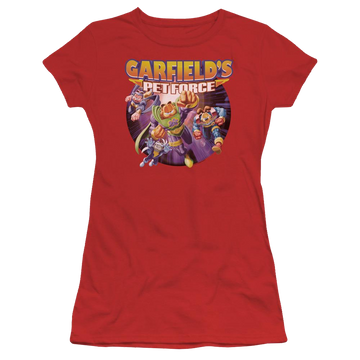 Red juniors t-shirt with Garfield Pet Force Four graphic