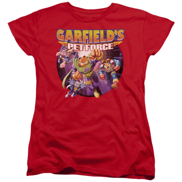 Red women's t-shirt with Garfield Pet Force Four graphic