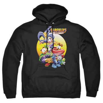 Black pullover hoodie with Garfield Tongue Of Doom graphic