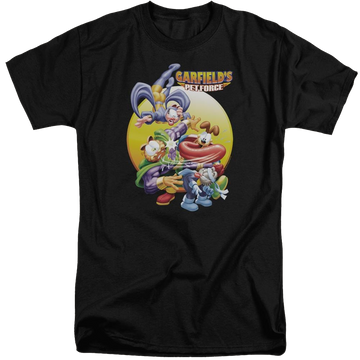 Black men's tall fit t-shirt with Garfield Tongue Of Doom graphic