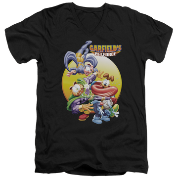 Black men's v-neck t-shirt with Garfield Tongue Of Doom graphic
