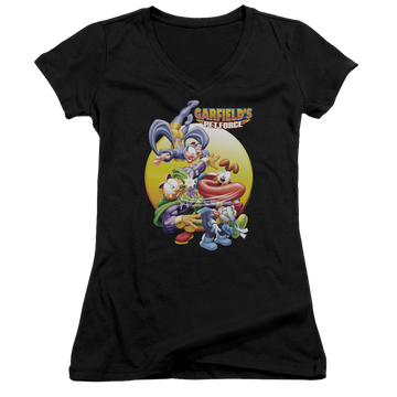 Black juniors v-neck t-shirt with Garfield Tongue Of Doom graphic