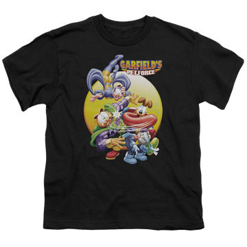 Black youth t-shirt for ages 8 to 12 with Garfield Tongue Of Doom graphic