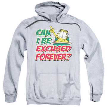 Athletic heather pullover hoodie with Garfield Excused Forever graphic