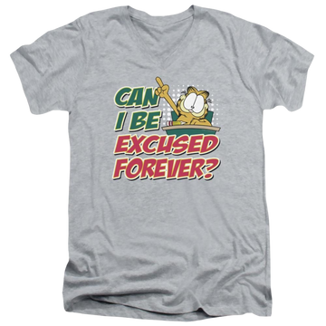 Athletic heather men's v-neck t-shirt with Garfield Excused Forever graphic