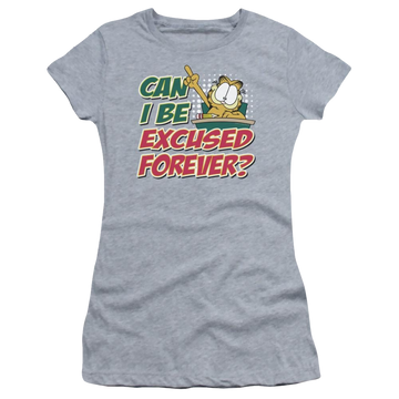Athletic heather juniors t-shirt with Garfield Excused Forever graphic