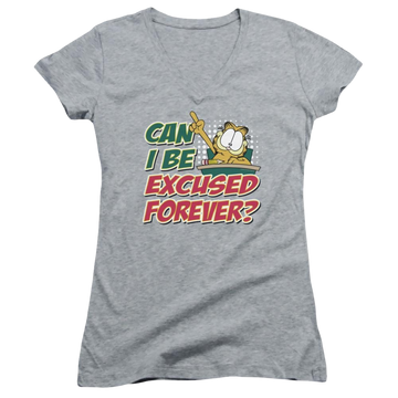 Athletic heather juniors v-neck t-shirt with Garfield Excused Forever graphic