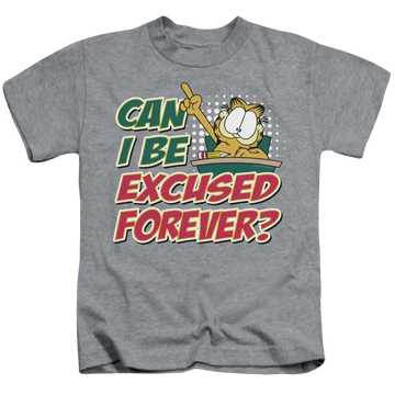 Athletic heather kid's t-shirt for ages 4 to 7 with Garfield Excused Forever graphic