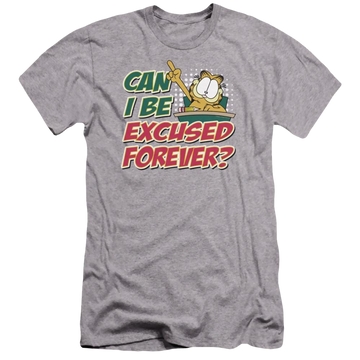 Athletic heather men's premium slim fit t-shirt with Garfield Excused Forever graphic