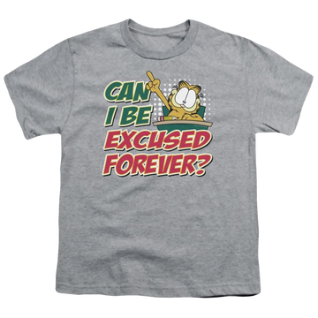 Athletic heather youth t-shirt for ages 8 to 12 with Garfield Excused Forever graphic