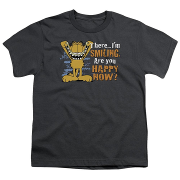 Charcoal youth t-shirt for ages 8 to 12 with Garfield Smiling graphic