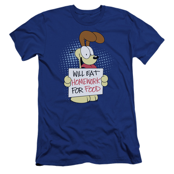 Royal men's premium slim fit t-shirt with Garfield Will Eat Homework graphic