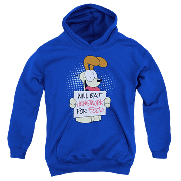 Royal youth hoodie for ages 8 to 12 with Garfield Will Eat Homework graphic