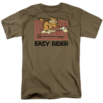 Safari green men's regular fit t-shirt with Garfield Vintage Easy Rider graphic