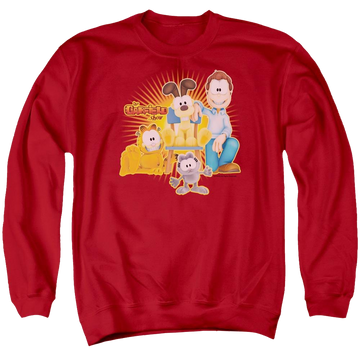 Red men's crewneck sweatshirt with Garfield Say Cheese graphic