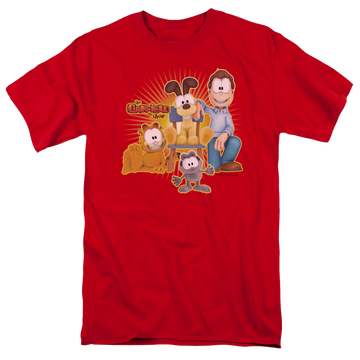 Red men's regular fit t-shirt with Garfield Say Cheese graphic