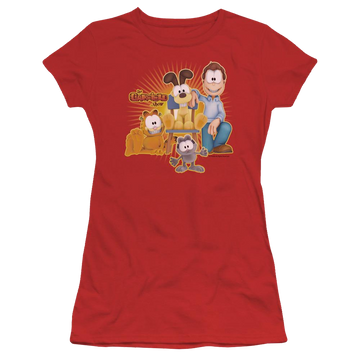 Red juniors t-shirt with Garfield Say Cheese graphic