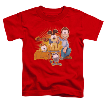 Red kid's t-shirt for ages 4 to 7 with Garfield Say Cheese graphic